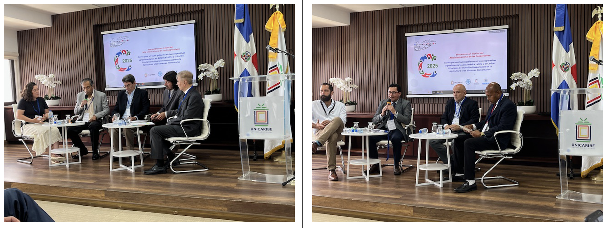 Izda.: Mesa redonda con la Cooperativa agroindustrial Tilisarao, San Luis. Argentina; Cooperativa Sabores de Calpan, Puebla, México; Cooperativa San Juan del Oro, Juliaca, Perú; Cooperativa Cadol, Uruguay. Dcha: Mesa redonda: Las cooperativas y asociaciones o empresas con espíritu cooperativo como motores para la transformación de los sistemas agroalimentarios. Entidades: Cooperativa Villa Poppy (República Dominicana); Banelino, Mao; Cooperativa La Mata Izda.: Mesa redonda con la Cooperativa agroindustrial Tilisarao, San Luis. Argentina; Cooperativa Sabores de Calpan, Puebla, México; Cooperativa San Juan del Oro, Juliaca, Perú; Cooperativa Cadol, Uruguay. Dcha: Mesa redonda: Las cooperativas y asociaciones o empresas con espíritu cooperativo como motores para la transformación de los sistemas agroalimentarios. Entidades: Cooperativa Villa Poppy (República Dominicana); Banelino, Mao; Cooperativa La Mata